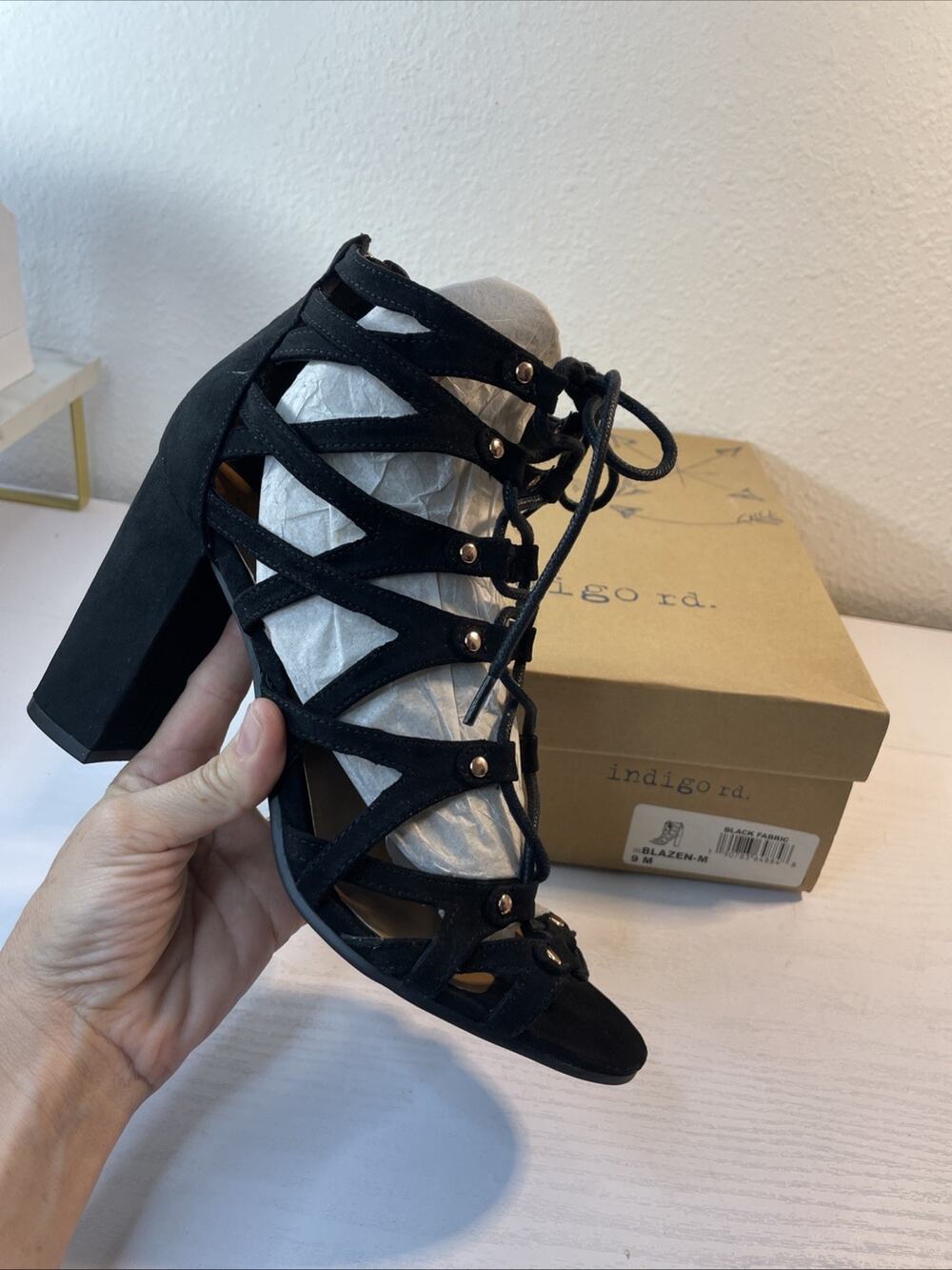 Indigo Rd Blazen Womens Strappy Cage Gladiators Heeled Sandals Black Size 9M NIB